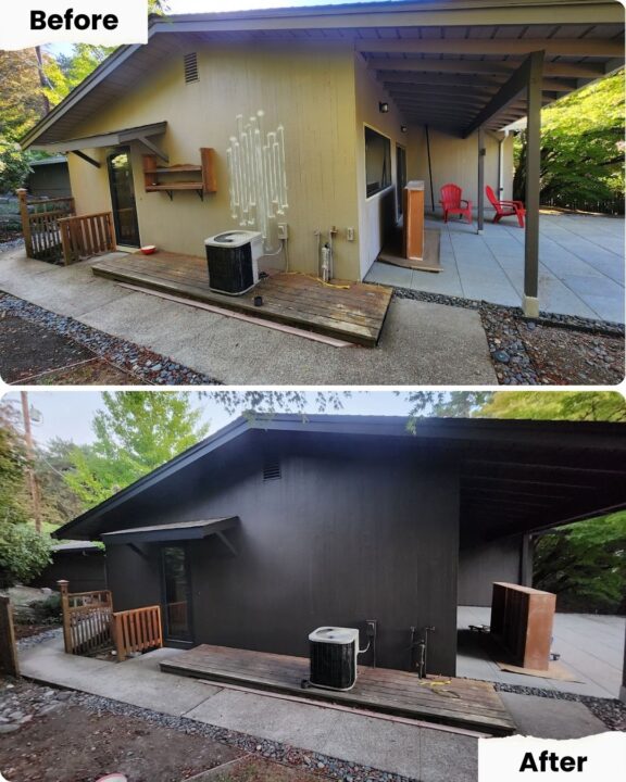 Before-and-after of house exterior painted by Pearl Painters in Portland; siding changes from beige to dark gray, fixtures updated.