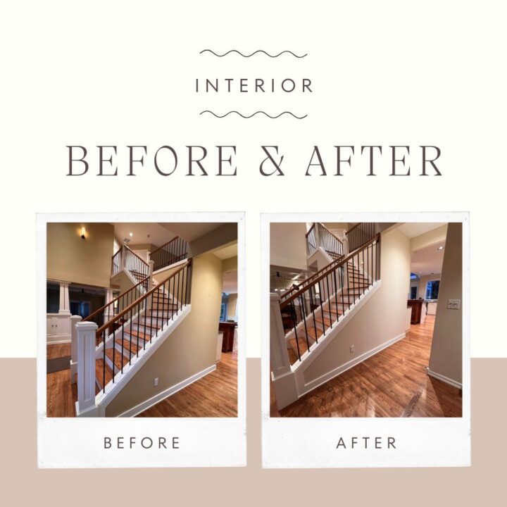 A staircase in Wilsonville home with high ceilings - before and after painting