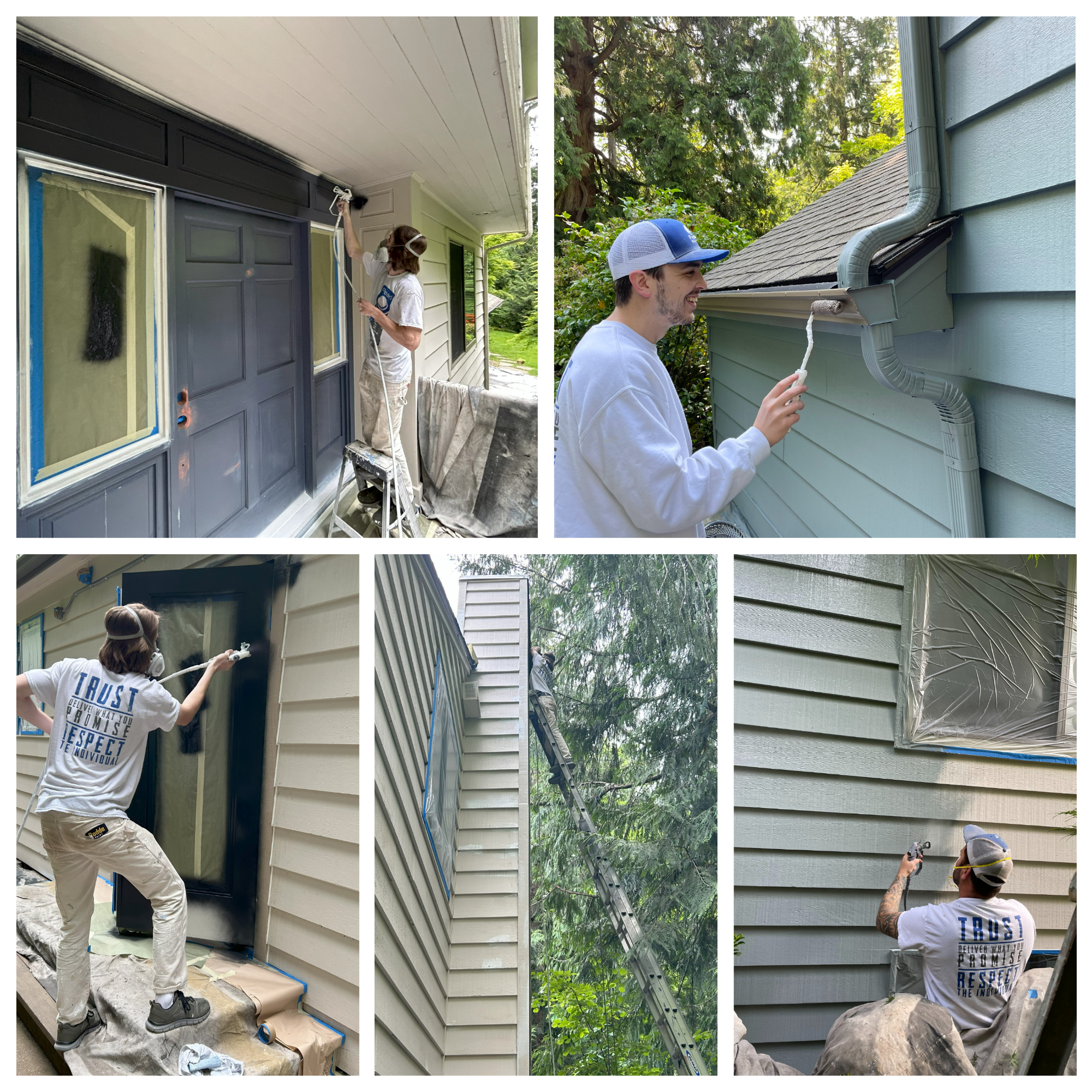 Four pictures of painter painting the siding of a house during an exterior paint job.