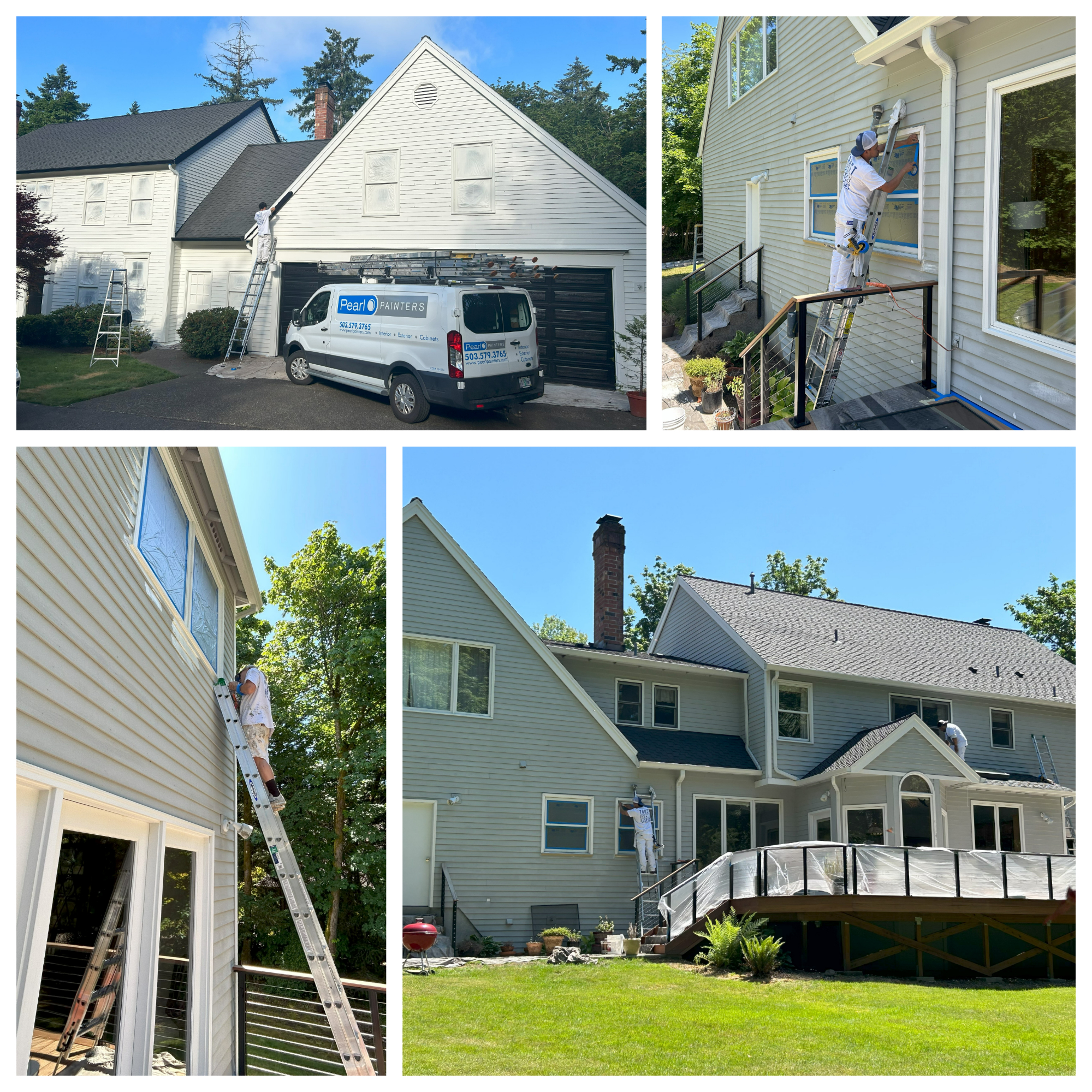 Four pictures of a man revitalizing a home by painting it from a ladder.