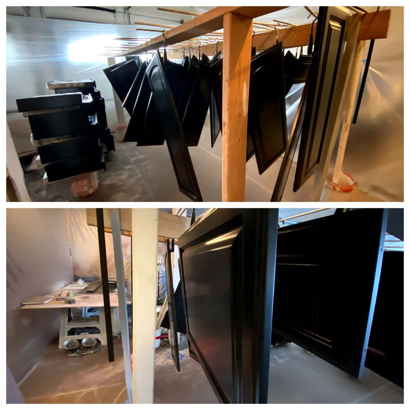 Two pictures of a modern makeover on a black kitchen cabinet in Tigard.