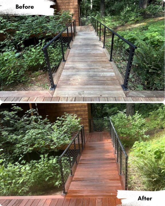 Before and after images show a wooden walkway with black railings; Pearl Painters in Portland refinished the faded wood, making it look freshly stained and darker.